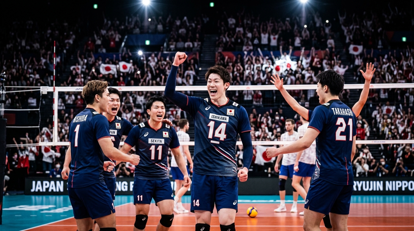Japanese Men's Volleyball team celebration portrait.