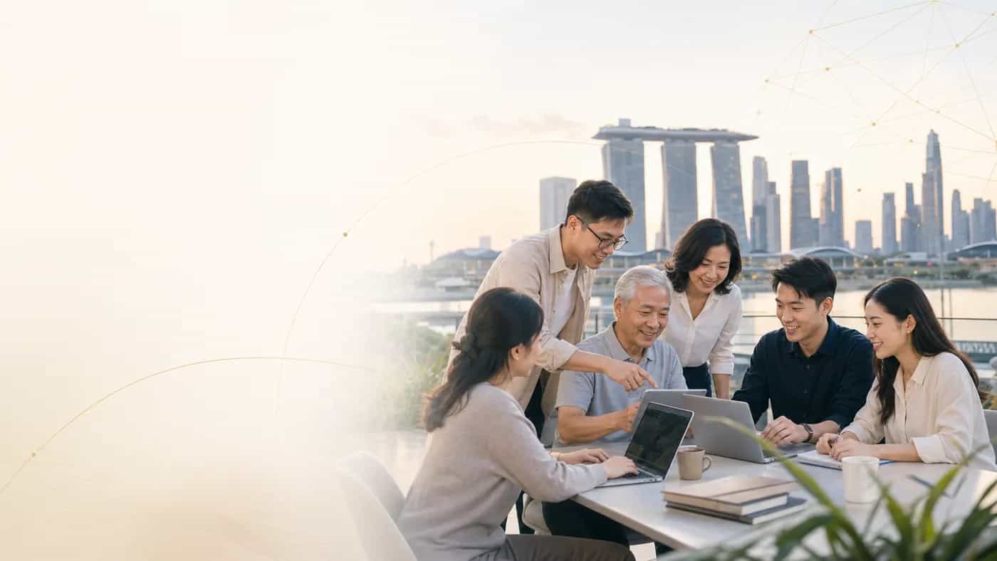 A diverse Singapore team learning AI together near Marina Bay