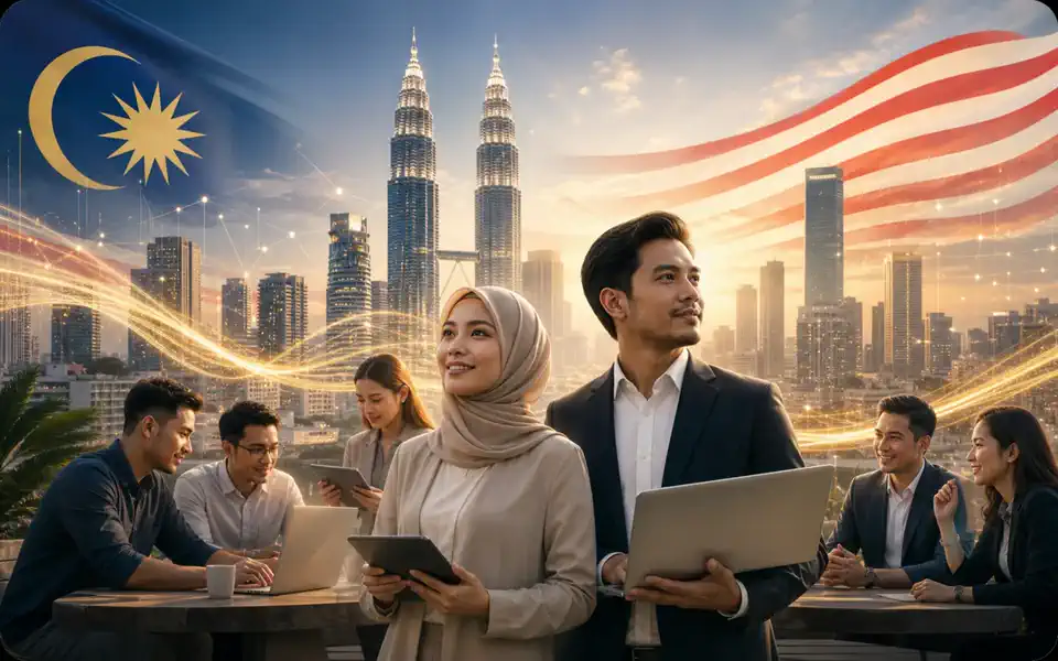 Malaysia AI readiness visual with Kuala Lumpur skyline, professionals, flag colors, and connected technology light trails